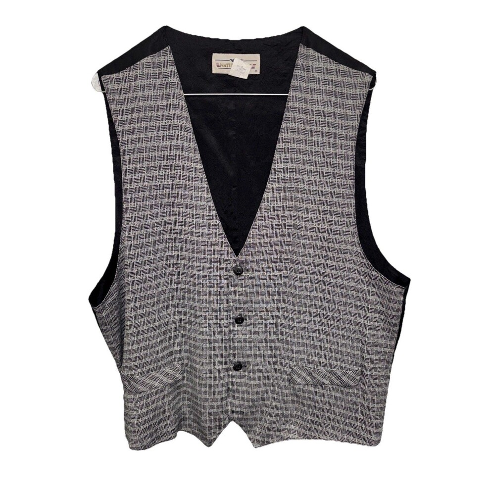 Natural Issue Vest Gray Black Button Men XL Vintage Buckle Lined Geometric